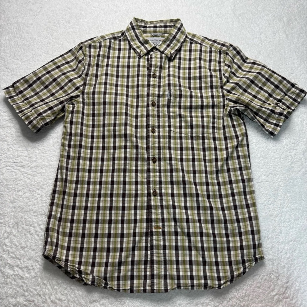 Carhartt Mens Short Sleeve Brown‎ Striped Button-Down Shirt Cotton Relaxed Fit M